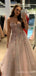 A-line Pink Tulle Appliques Long Evening Prom Dresses, Spaghetti Straps Custom Prom Dress, MR8253