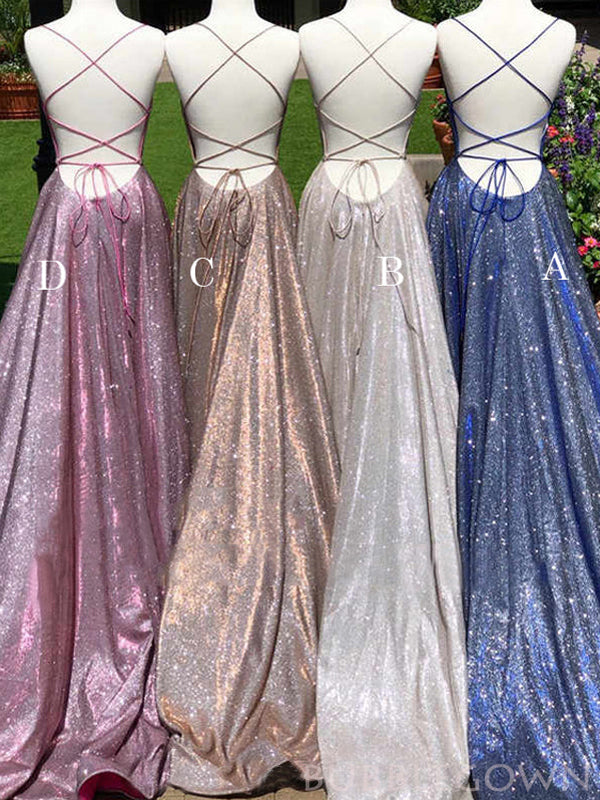 Spaghetti Straps Long Sparkly Evening Prom Dresses, A-line Custom Prom Dresses, MR8257