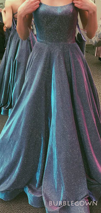 A-line Sparkly Long Evening Prom Dresses, Spaghetti Straps Backless Custom Prom Dresses, MR8259