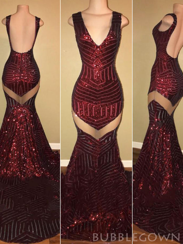 Sexy See Through Mermaid Red Sequin Long Evening Prom Dresses, V Neck Custom Prom Dresses, MR8261