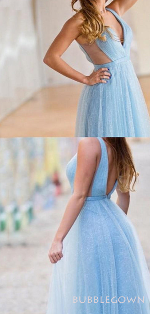 Sky Blue Tulle Sparkly Long Evening Prom Dresses, A-line Custom Prom Dress, MR8268