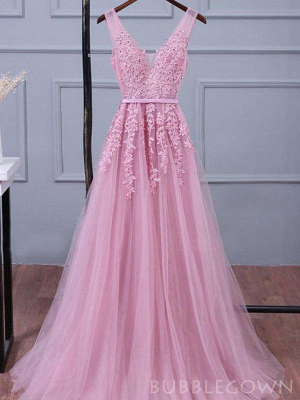 A-line Pink Tulle Appliques Long Evening Prom Dresses, V Neck Custom Prom Dress, MR8270