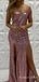 Off Shoulder Rose Gold Sequin Long Evening Prom Dresses, Mermaid Side Slit Custom Prom Dresses, MR8273
