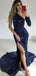 Long Sleeves Navy Blue Sequin Long Evening Prom Dresses, Mermaid One Shoulder Custom Prom Dresses, MR8275