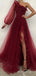 One Shoulder Black Tulle Long Evening Prom Dresses, A-line Long Sleeves Custom Prom Dress, MR8277