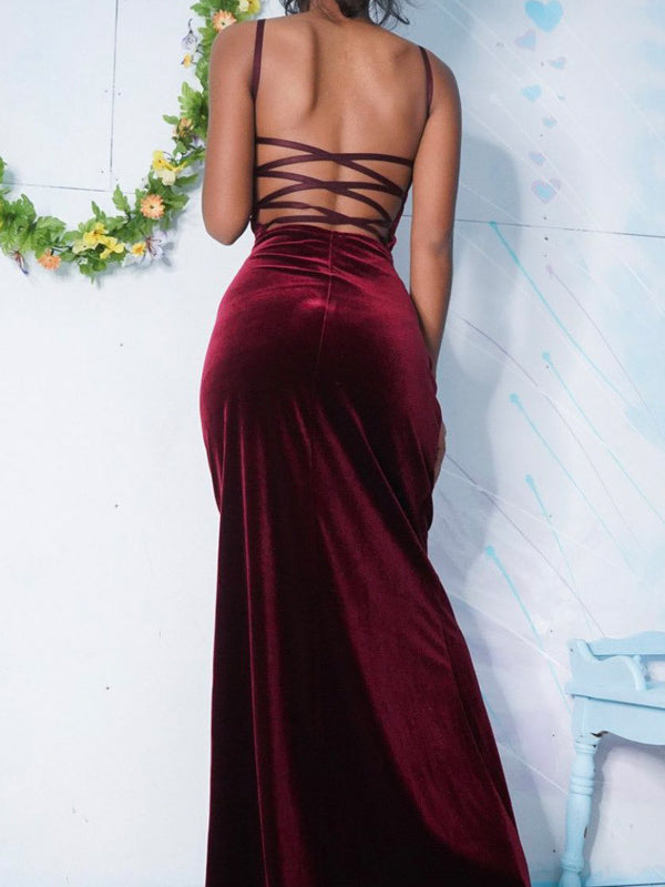 Simple Burgundy Velvet Spaghetti Straps Mermaid Long Evening Prom Dresses, Custom Prom Dress, MR8708