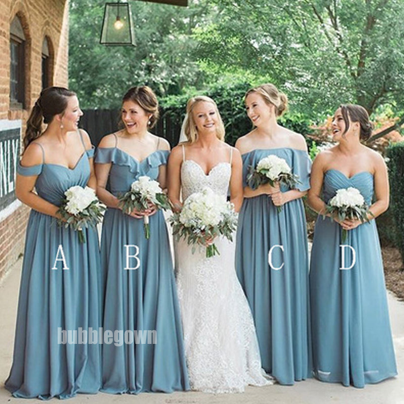 Blue Mismatched Styles A-line Chiffon Long Bridesmaid Dresses BMD014