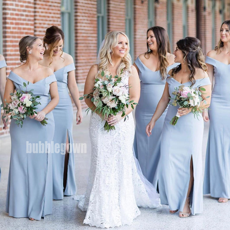 Sky Blue Cap Sleeve Mermaid Side Split Long Bridesmaid Dresses BMD025 BubbleGowns Sky Blue Cap Sleeve Mermaid Side Split Long Bridesmaid Dresses BMD025 BubbleGowns