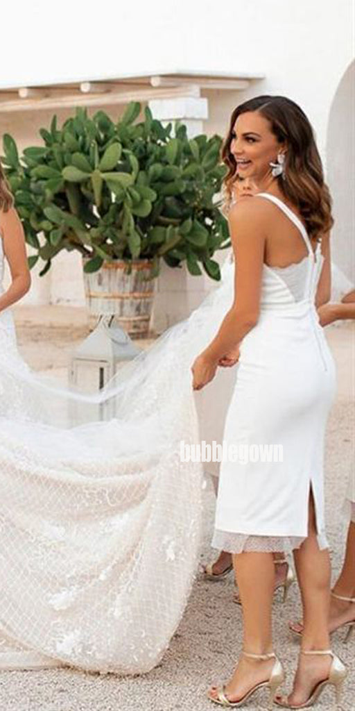 Elegant White Spaghetti Strap Mermaid Short Bridesmaid Dresses  BMD028