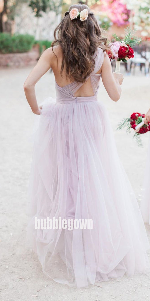 Pretty Light Purple One-shoulder Tulle Long Bridesmaid Dresses  BMD039