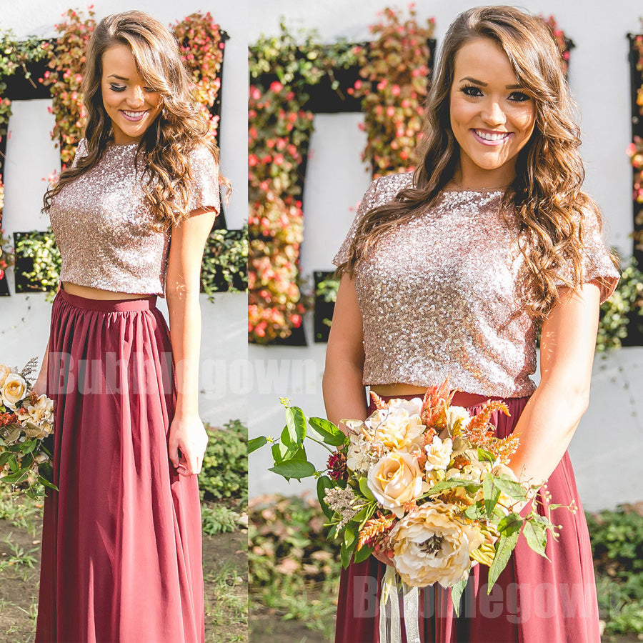Cheap Short Sleeves Two Pieces Sequin Top Long Wedding Bridesmaid Dres BubbleGowns Cheap Short Sleeves Two Pieces Sequin Top Long Wedding Bridesmaid Dres BubbleGowns