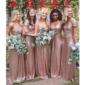 Mismatched Rose Gold Sequin Charming Long Bridesmaid Dresses, BG51567