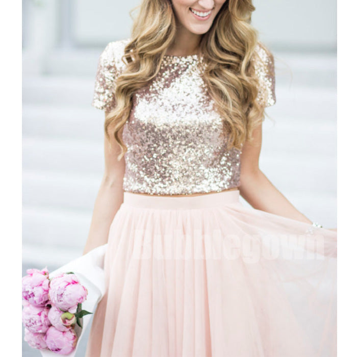 sequin top bridesmaid dresses Sparkly Elegant Mermaid Champagne Cap-sleeve Long Bridesmaid Dresses, SposaBridal