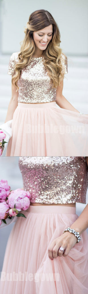 Affordable Short Sleeves Two Pieces Sequin Top Pink Tulle Long Bridesmaid Dresses, BD003 - Bubble Gown