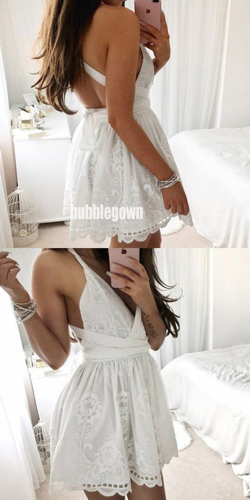 White Elegant Spaghetti Strap Lace Short Homecoming Dresses HDY003