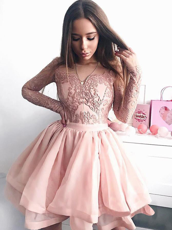 Pretty Lace Long Sleeves Lovely Pink Short Homecoming Dresses, BH112