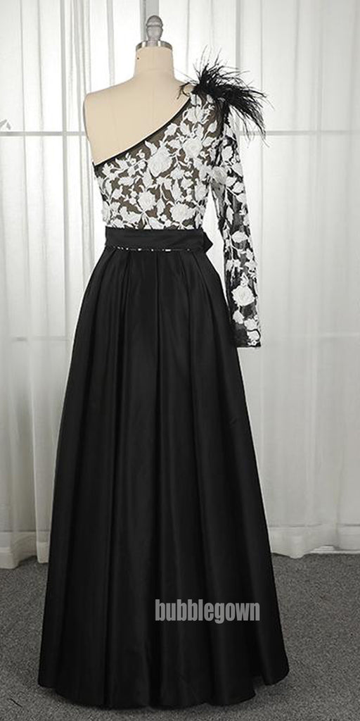 Unique Applique One Shoulder Split Side Black Prom Dresses FP1174