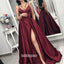 Elegant Burgundy V-neck Split Side Long Prom Dresses FP1176
