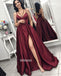 Elegant Burgundy V-neck Split Side Long Prom Dresses FP1176