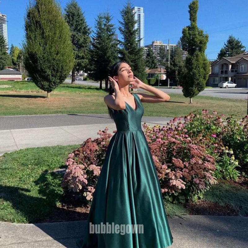 Simple Emerald V-neck Long Prom Dresses FP1177