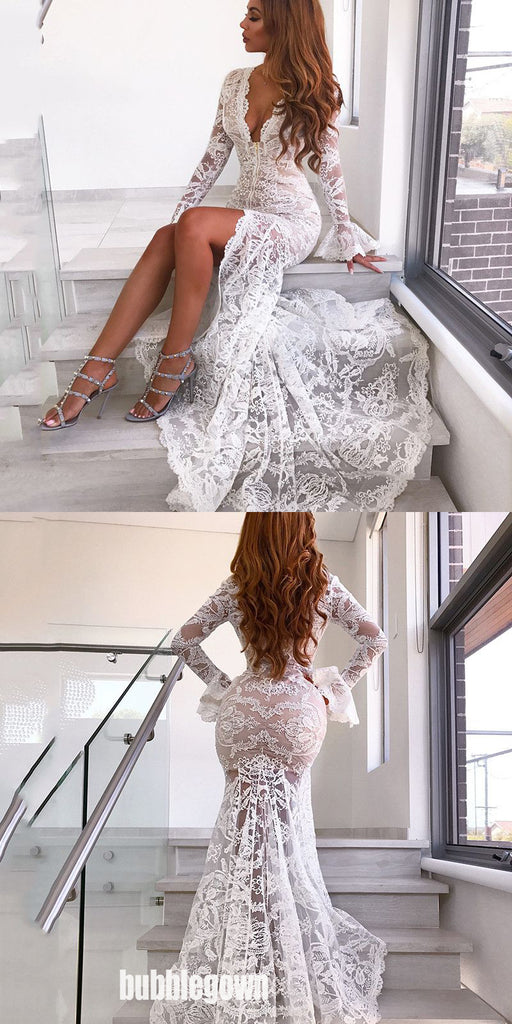 Sexy White Lace Long Sleeves Mermaid Prom Dresses FP1188
