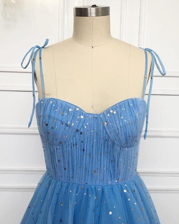 Elegant Blue Spaghetti Strap Tulle Prom Dress  FP1196