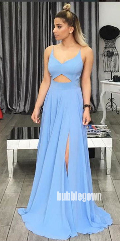Elegant Blue V-neck Side Split Prom Dresses FP1221