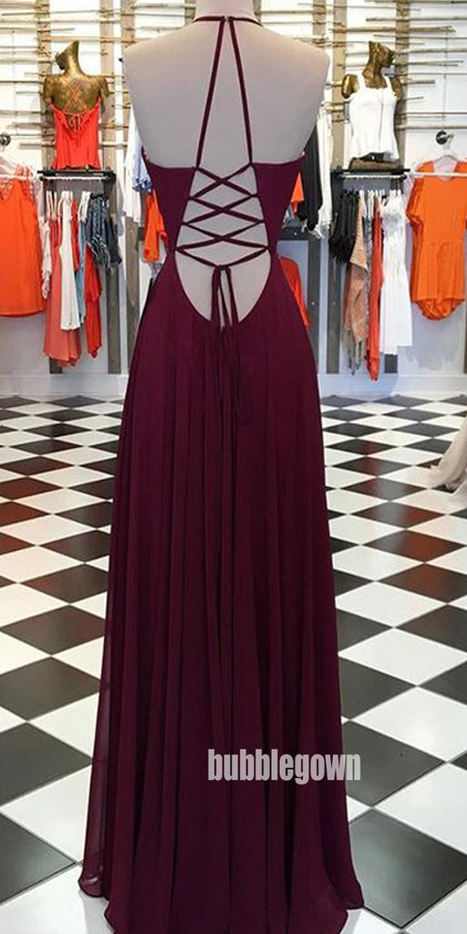 Elegant Burgundy Halter Side Split Prom Dresses FP1222