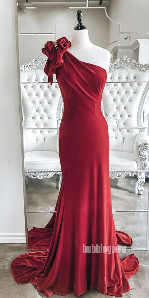 Sexy Red Velvet One-shoulder Mermaid Long Prom Dresses FP1232