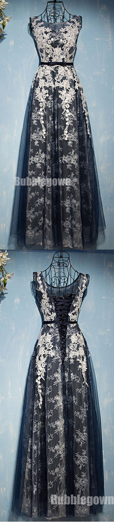 Black Tulle Applique Lace Up Back Formal Cheap Long Prom Dresses, BGP006 - Bubble Gown