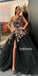Black One Shoulder Side Slit Applique Long Prom Dresses GDW107