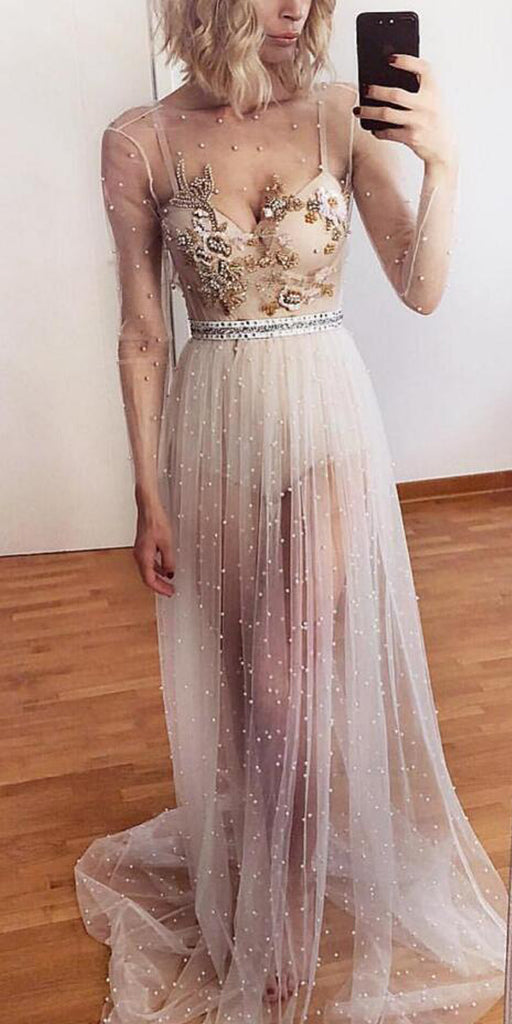 Long Sleeves Seen Through Tulle A Line Long Prom Dresses, WP011