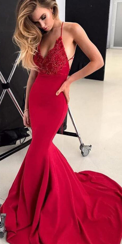 Red Mermaid Lace Sexy Open Back Long Prom Dresses, WP022