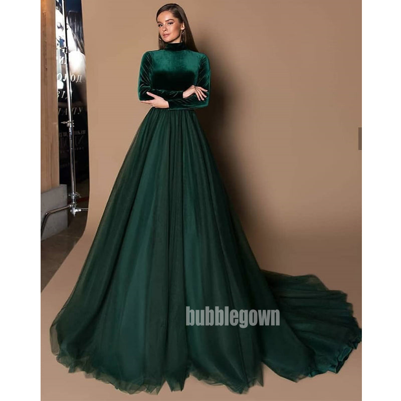 Teal Green Long Sleeves High Neck Long Prom Dresses FP1118