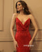 Red Spaghetti Strap Mermaid Sequin Long Prom Dresses, WP032