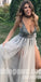 Sexy V Neck Beaded Side Split Tulle Popular Long Prom Dress, BGP063