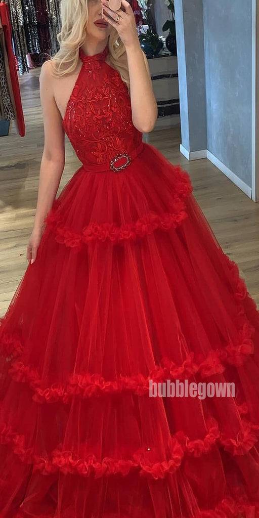 Red Halter Tulle Lace Long Prom Dresses Ball Gown GDW103