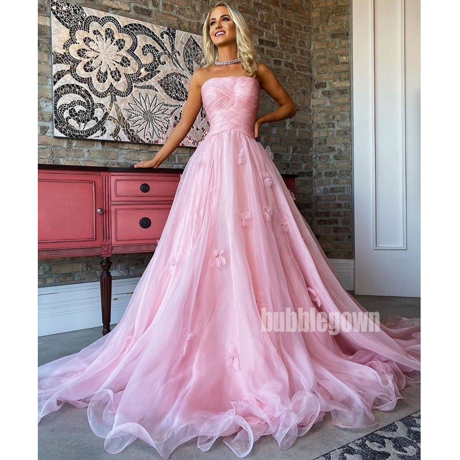 Pink Tulle Straight Neckline Sleeveless Long Prom Dresses FP1170