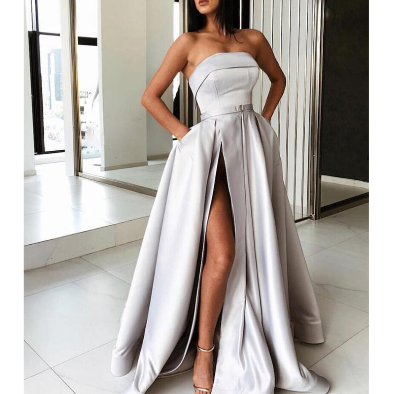 A Line Side Slit Simple Design Elegant Long Prom Dresses, WP021