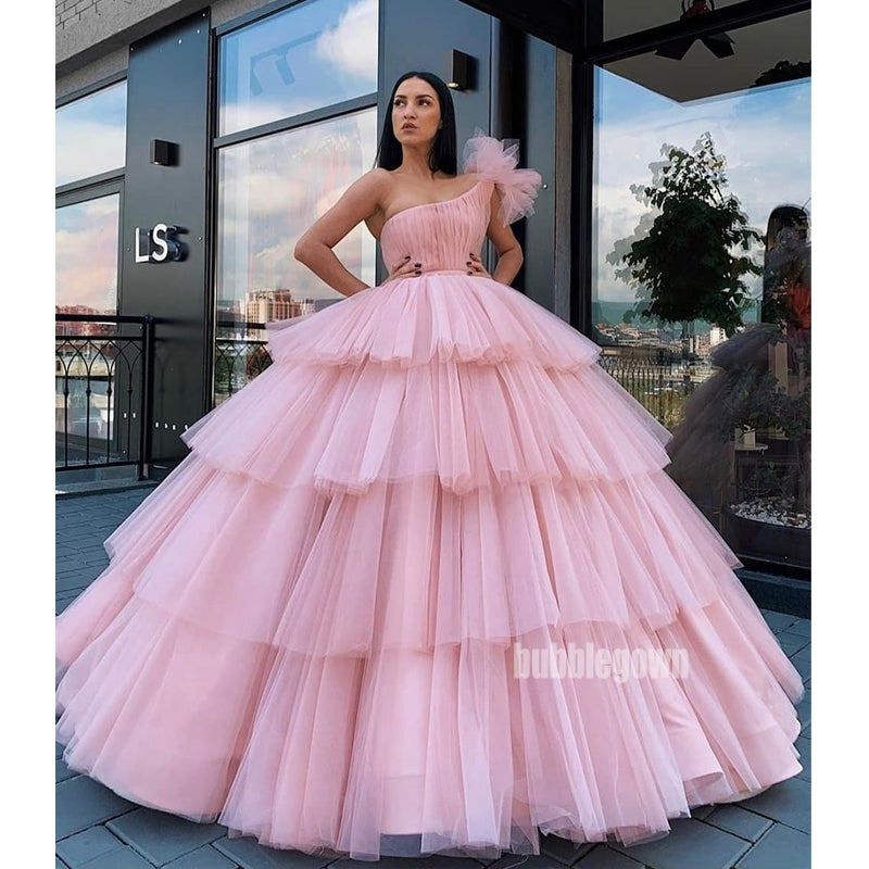 Pink One Shoulder Tulle Long Prom Dresses Ball Gown GDW105