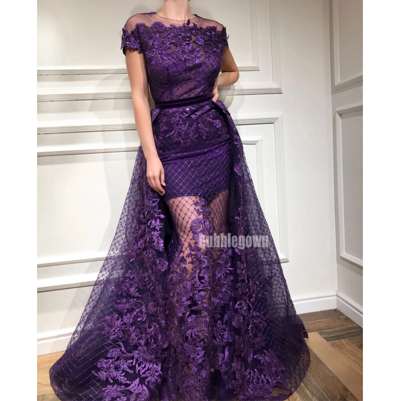 Short Sleeves Lace Applique Long Prom Dresses FP1120
