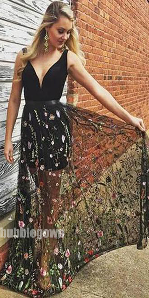 Pretty Unique Applique Black Cheap Long Prom Dresses with Flowers, BGP221