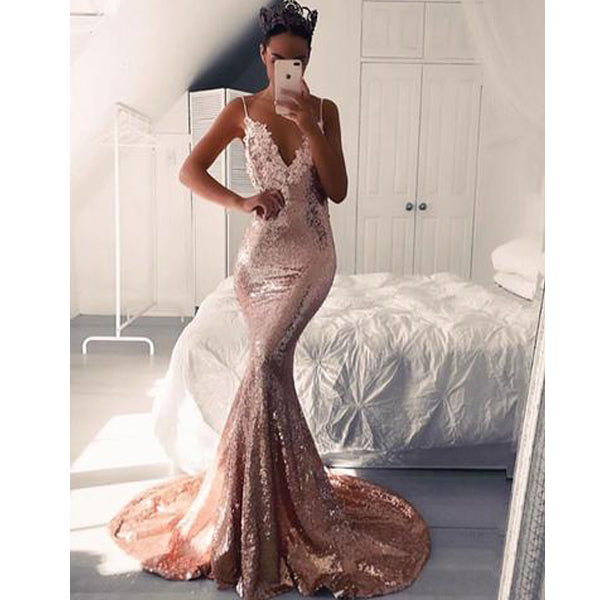 affordable long prom dresses Sequin Spaghetti Strap Mermaid Cheap Long Prom Dresses, BGP223 – BubbleGowns