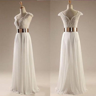 Cap Sleeves White Beading Long Side Slit Party Evening Prom Dresses, BG51239 - Bubble Gown