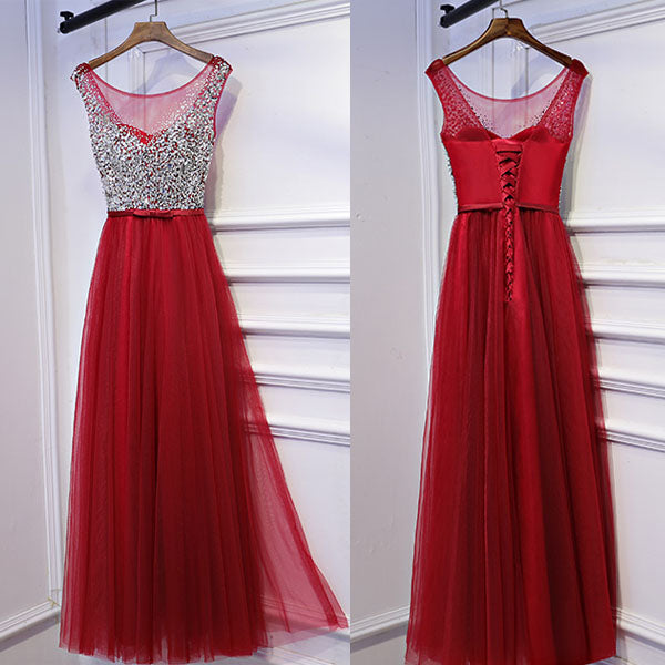 Red Tulle Formal Beaded Top Tie Up Back Cheap Long Prom Dresses, BGP009