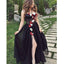 Spaghetti Strap Halter Side Slit Black Long Prom Dresses with Flowers, BGP222