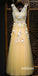 V Neck Yellow Lace Up Back Applique Formal Popular Long Prom Dresses, BGP014