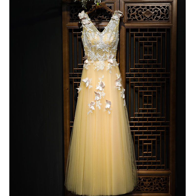 V Neck Yellow Lace Up Back Applique Formal Popular Long Prom Dresses, BGP014