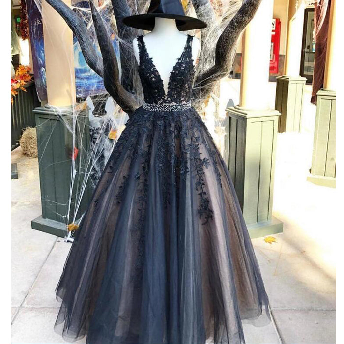 V Neck Applique Tulle Lace Popular Long Prom Dresses, BGP225