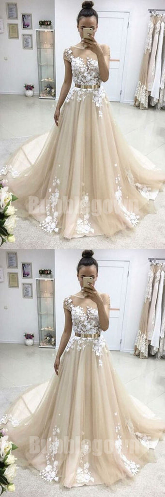 Cap Sleeves Tulle Applique Charming Cheap Long Evening Prom Dresses, BGP041 - Bubble Gown